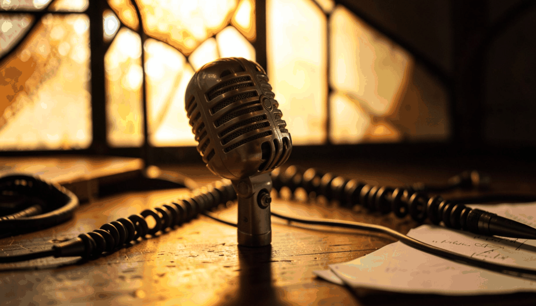 A warm-toned close-up photograph of a vintage microphone on a wooden desk, soft amber light falling across coiled cables, evoking podcasting and broadcast
