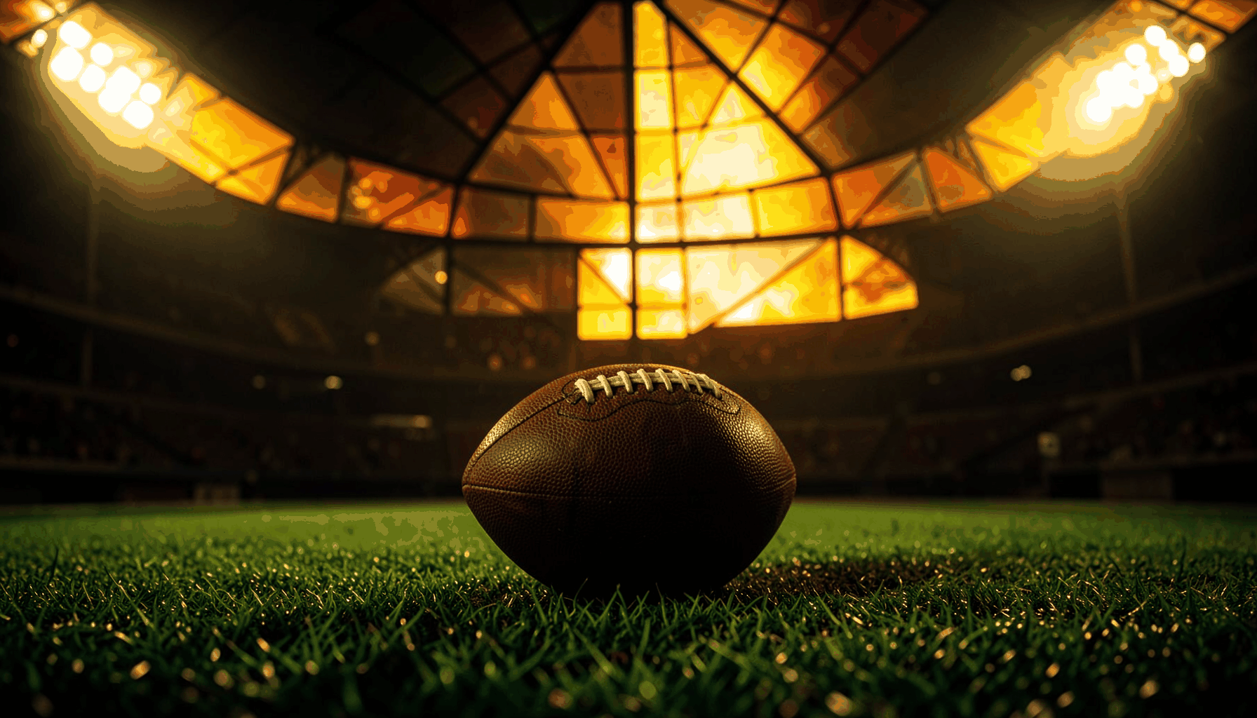 A dramatic full-width photograph of a football resting on the turf under stadium lights, deep green grass contrasting with warm amber glow